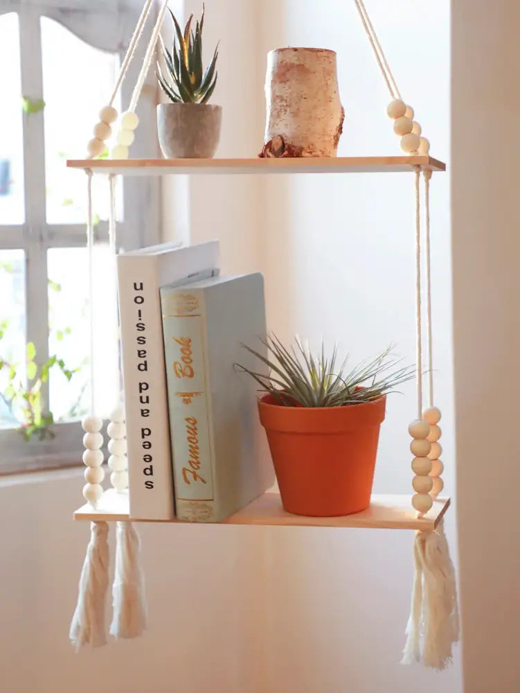 Rustic beaded wooden wall shelf bedroom hanging storage