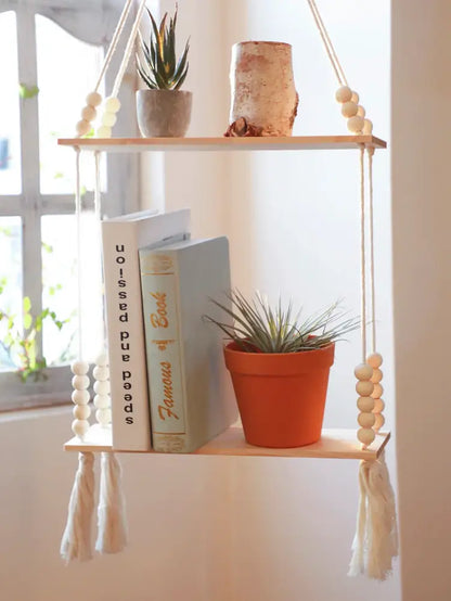 Rustic beaded wooden wall shelf bedroom hanging storage