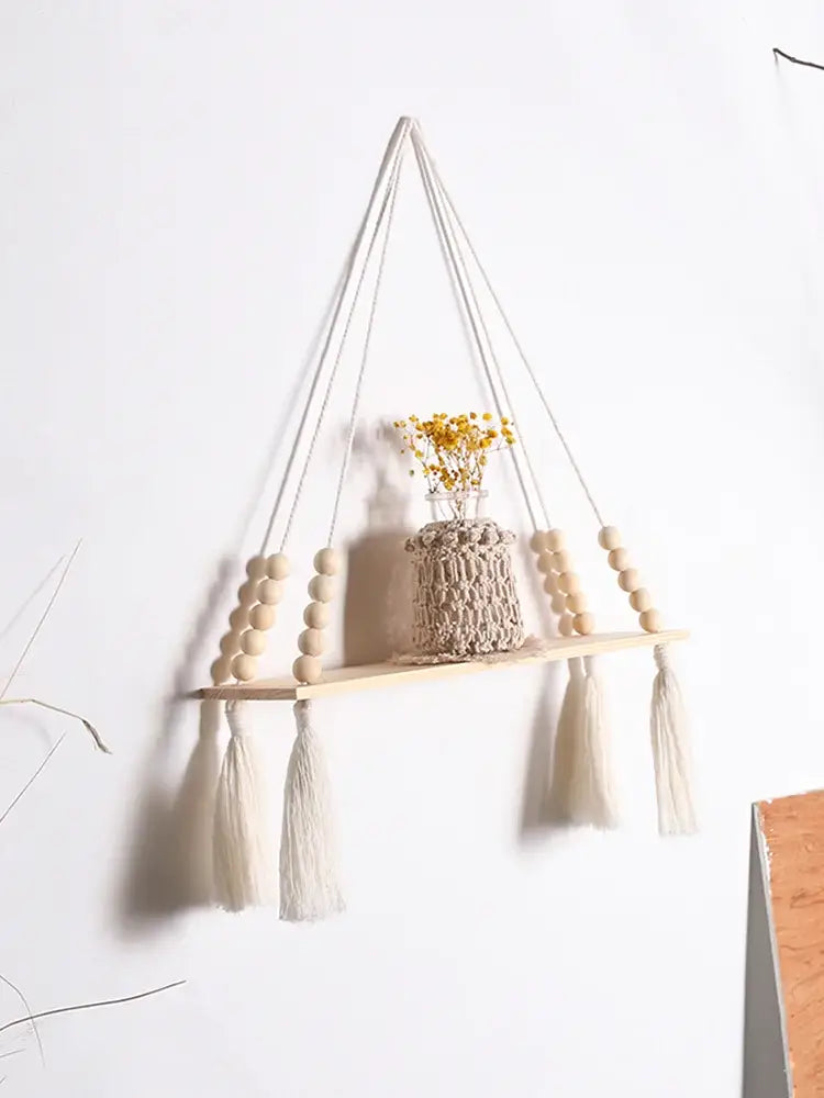 Rustic beaded wooden wall shelf bedroom hanging storage
