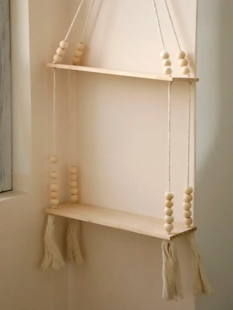 Rustic beaded wooden wall shelf bedroom hanging storage