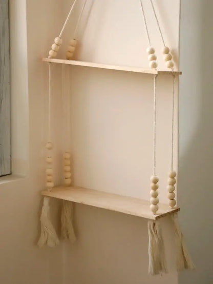 Rustic beaded wooden wall shelf bedroom hanging storage