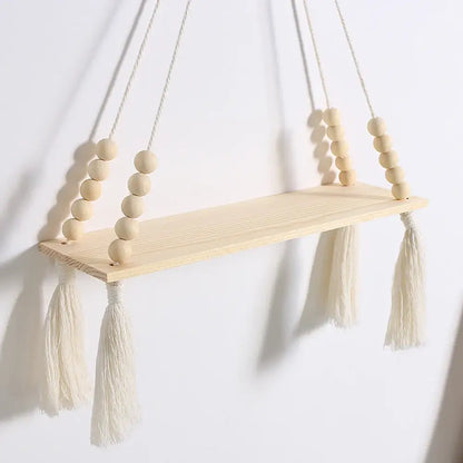 Rustic beaded wooden wall shelf bedroom hanging storage
