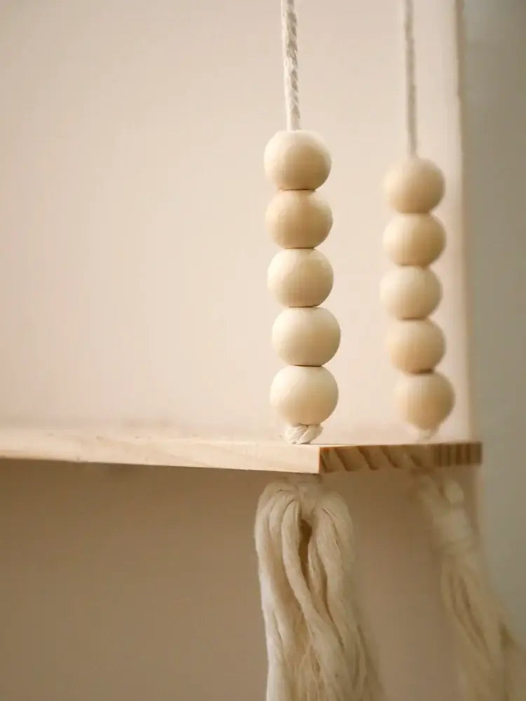 Rustic beaded wooden wall shelf bedroom hanging storage