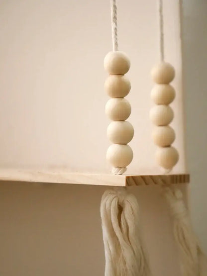 Rustic beaded wooden wall shelf bedroom hanging storage