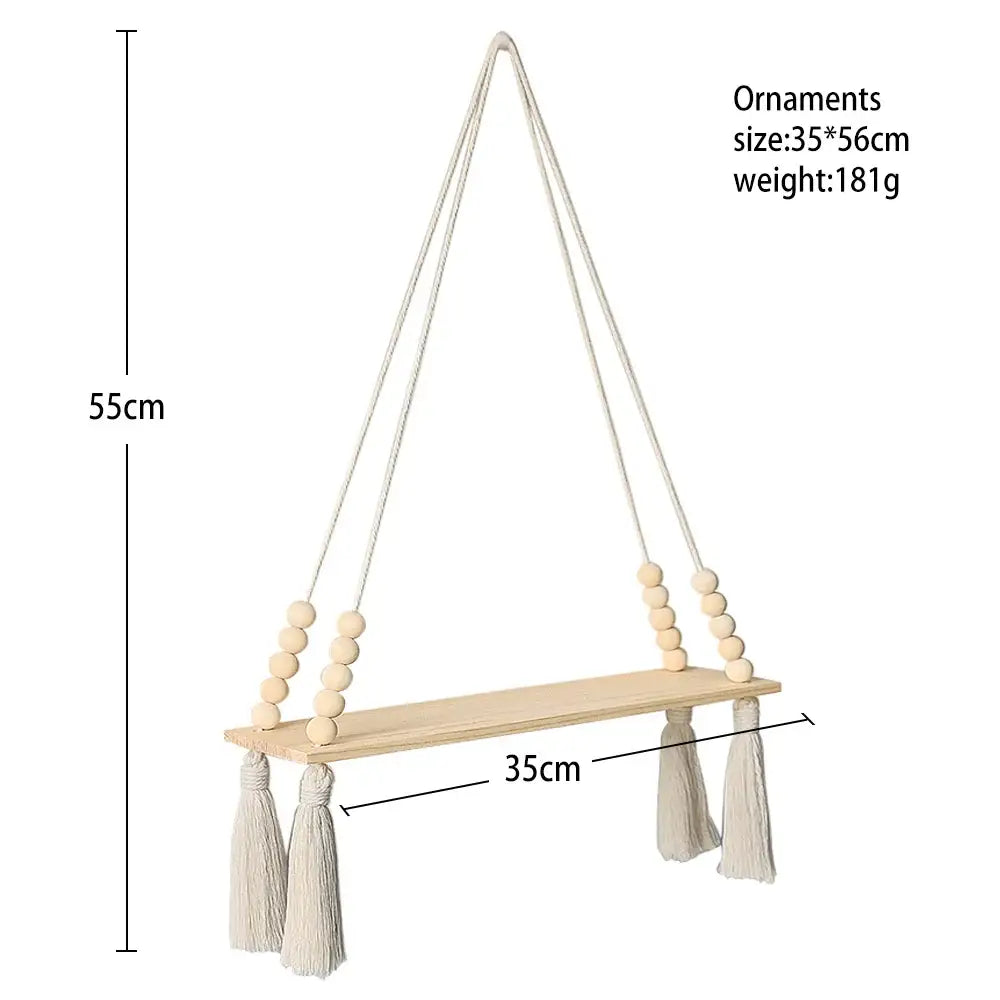 Rustic beaded wooden wall shelf bedroom hanging storage