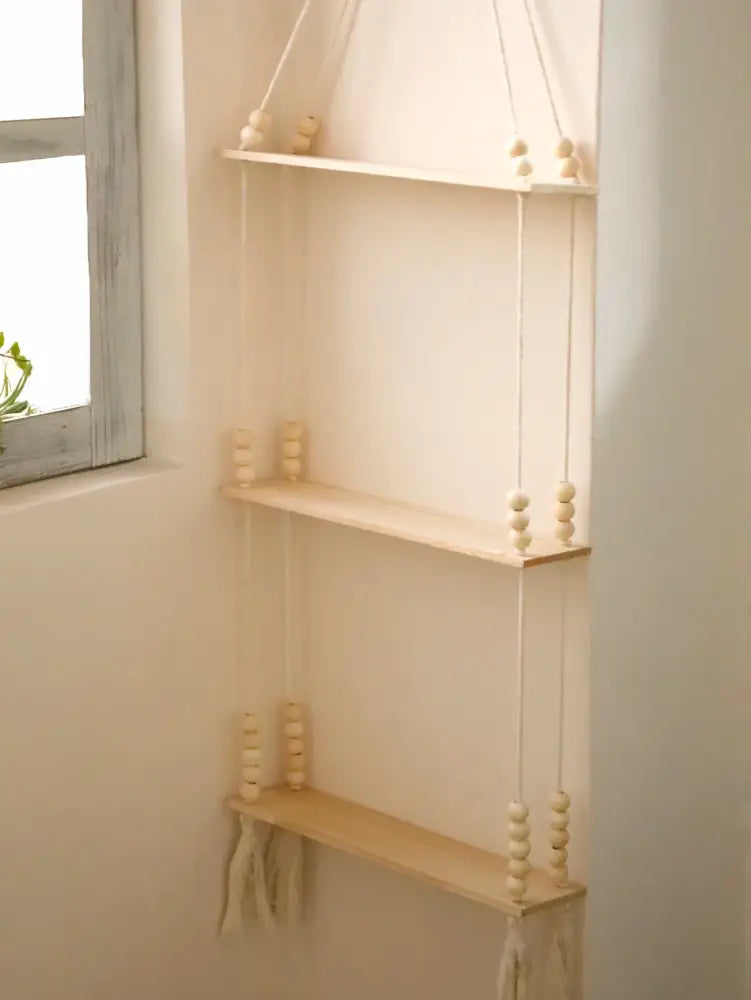 Rustic beaded wooden wall shelf bedroom hanging storage