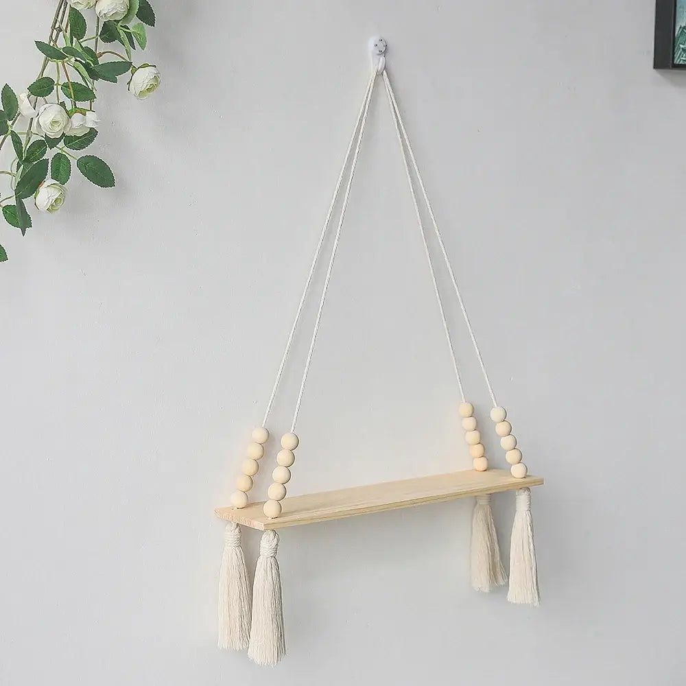 Rustic beaded wooden wall shelf bedroom hanging storage