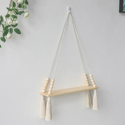 Rustic beaded wooden wall shelf bedroom hanging storage