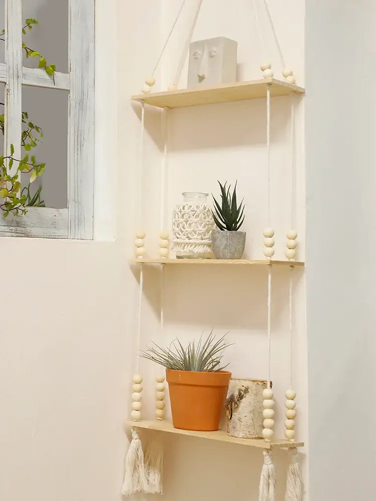Rustic beaded wooden wall shelf bedroom hanging storage
