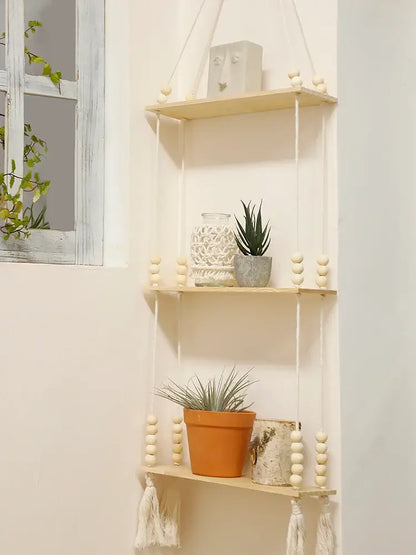 Rustic beaded wooden wall shelf bedroom hanging storage