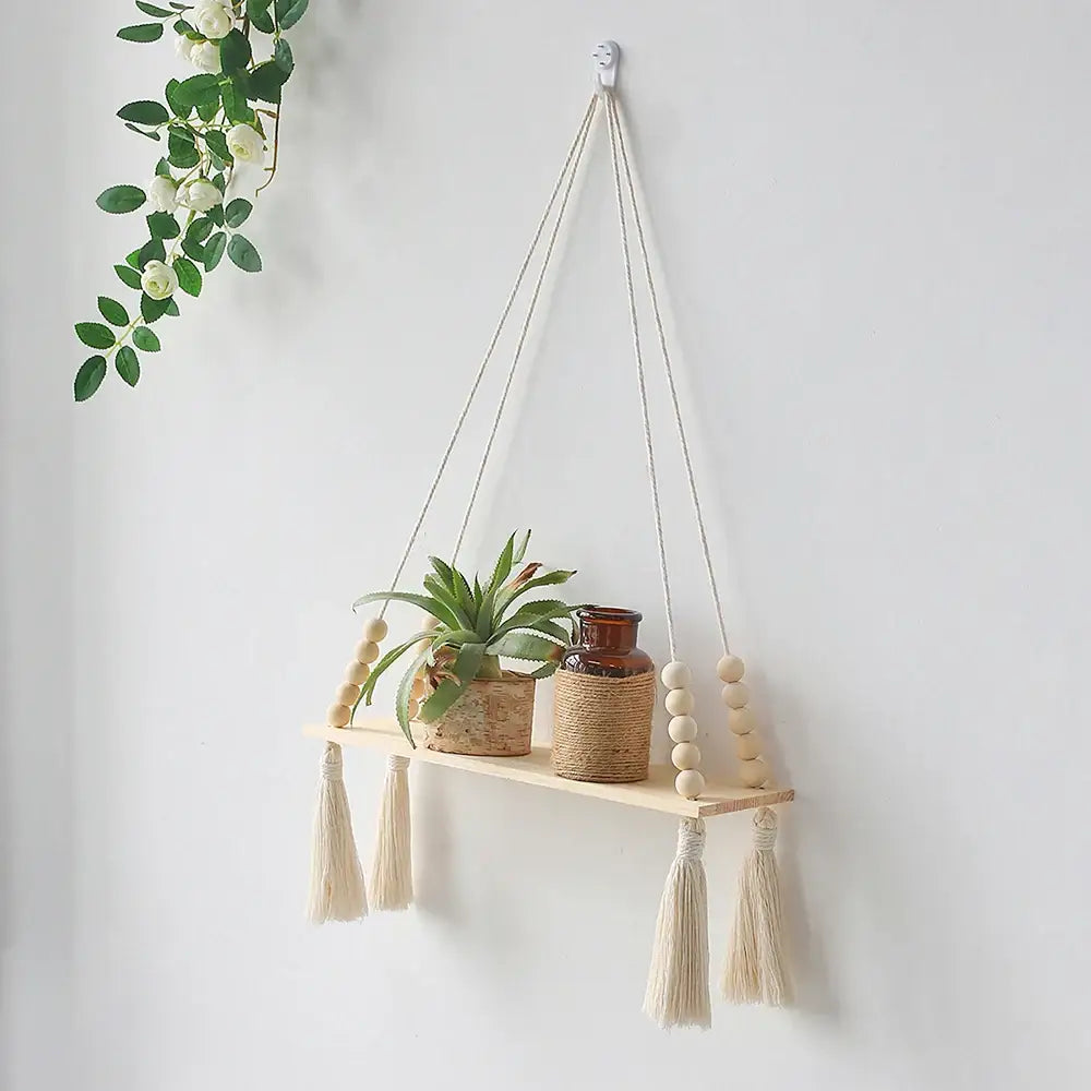 Rustic beaded wooden wall shelf bedroom hanging storage