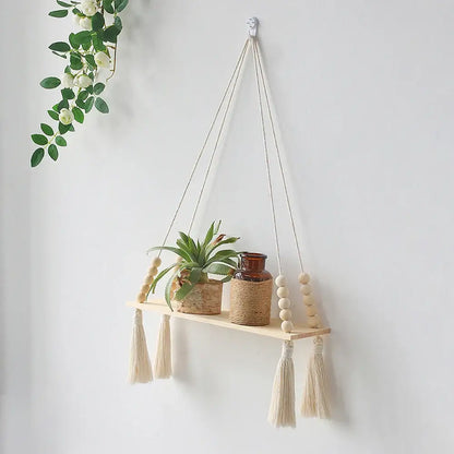 Rustic beaded wooden wall shelf bedroom hanging storage