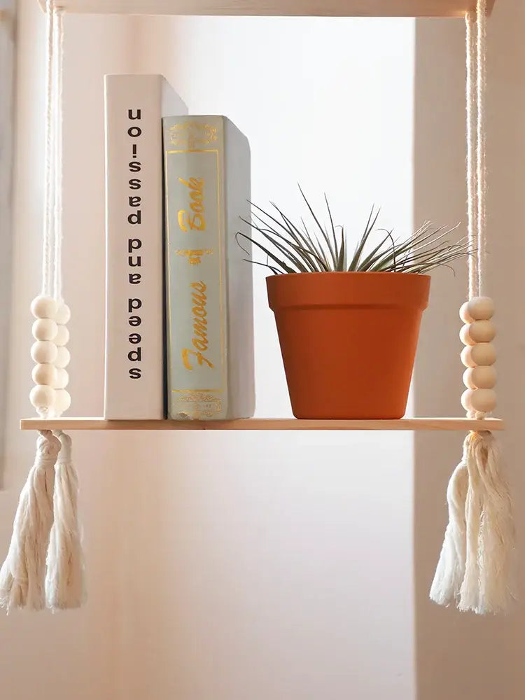 Rustic beaded wooden wall shelf bedroom hanging storage