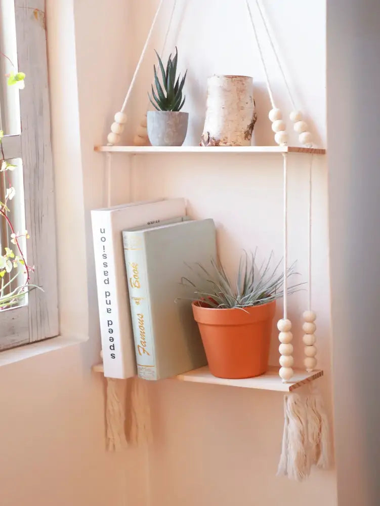 Rustic beaded wooden wall shelf bedroom hanging storage