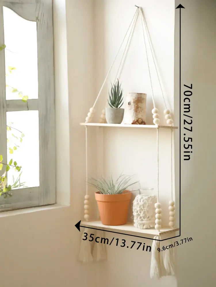 Rustic beaded wooden wall shelf bedroom hanging storage