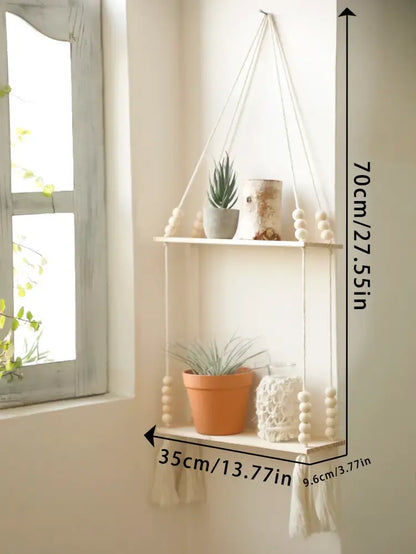 Rustic beaded wooden wall shelf bedroom hanging storage