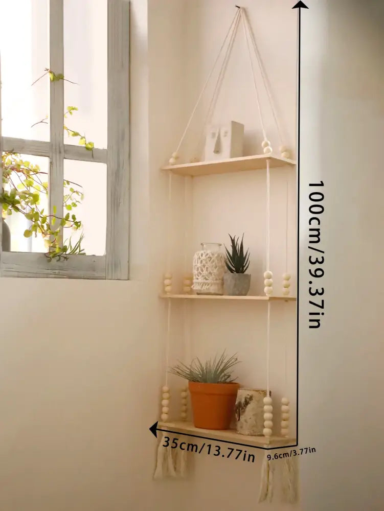 Rustic beaded wooden wall shelf bedroom hanging storage