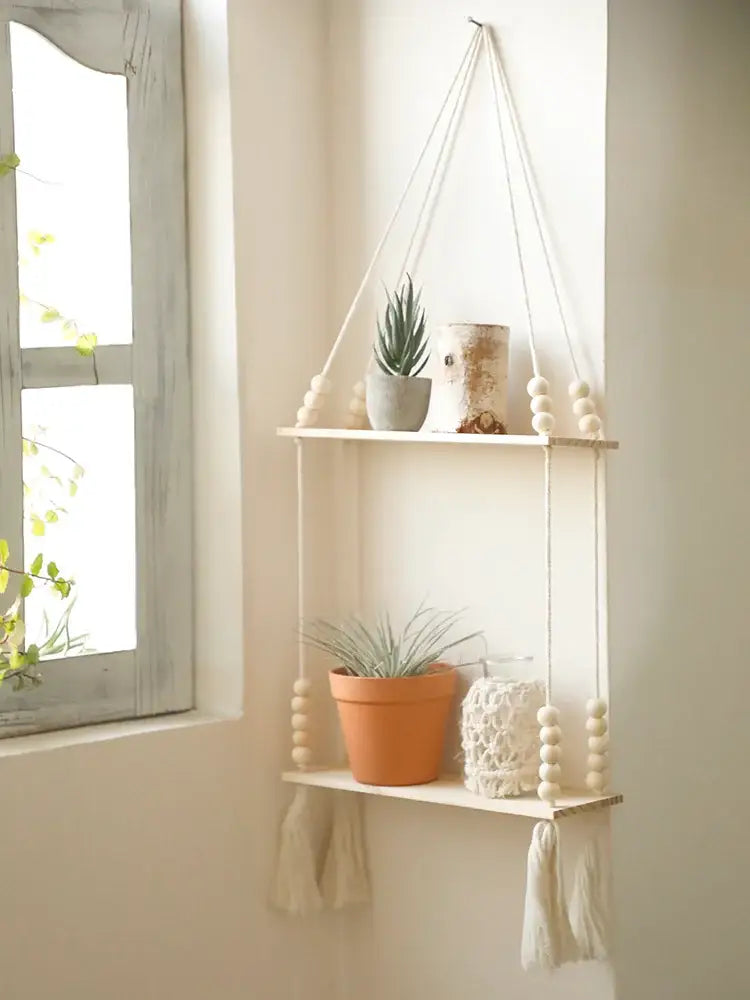 Rustic beaded wooden wall shelf bedroom hanging storage