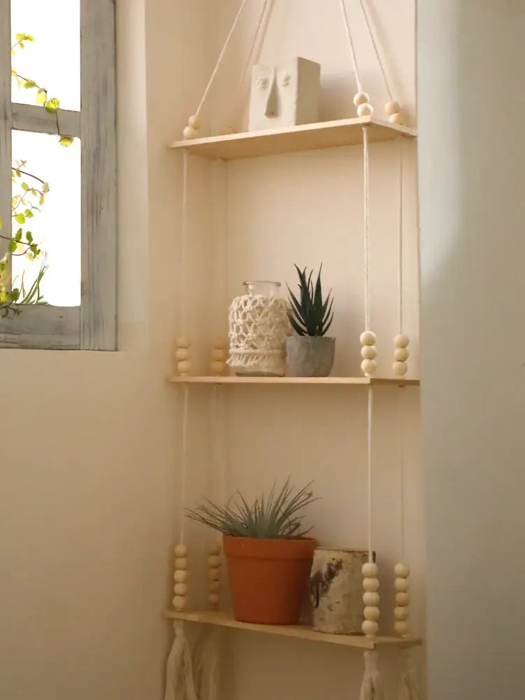 Rustic beaded wooden wall shelf bedroom hanging storage