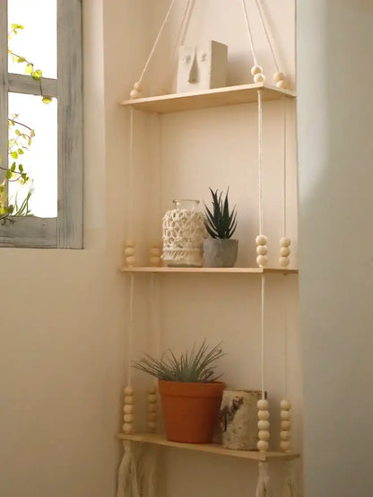 Rustic beaded wooden wall shelf bedroom hanging storage