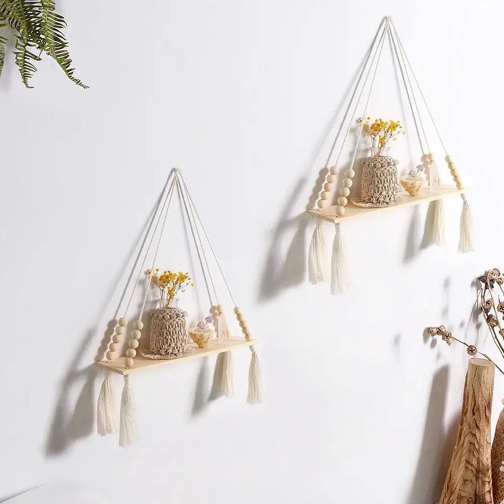 Rustic beaded wooden wall shelf bedroom hanging storage