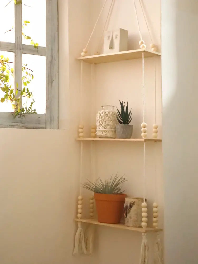 Rustic beaded wooden wall shelf bedroom hanging storage