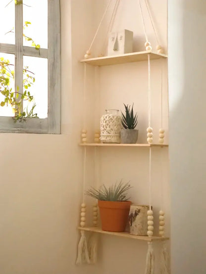 Rustic beaded wooden wall shelf bedroom hanging storage