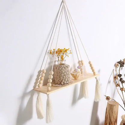 Rustic beaded wooden wall shelf bedroom hanging storage