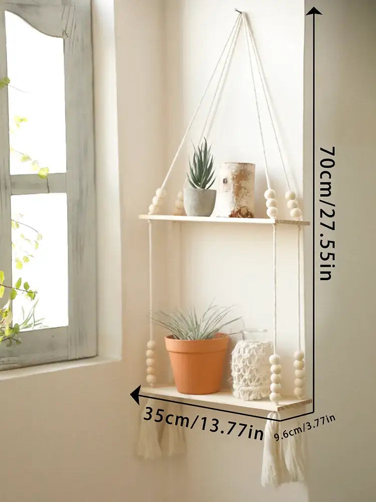 Rustic beaded wooden wall shelf bedroom hanging storage