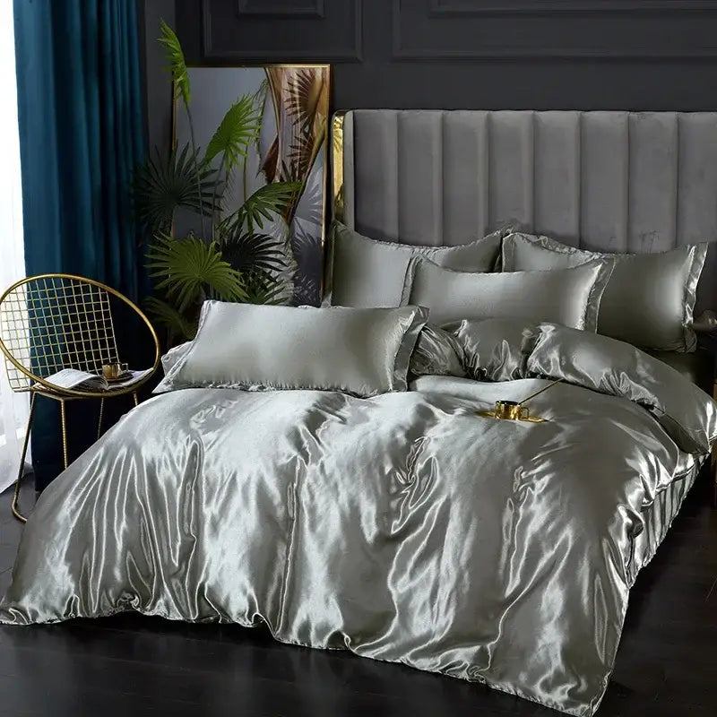 Luxury chocolate brown satin silk duvet cover bedroom bedding set