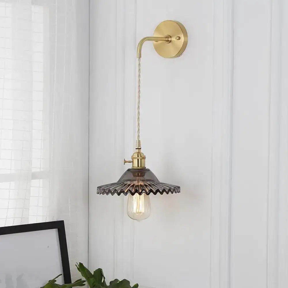 Industrial smoked glass brass sconce light for bedroom