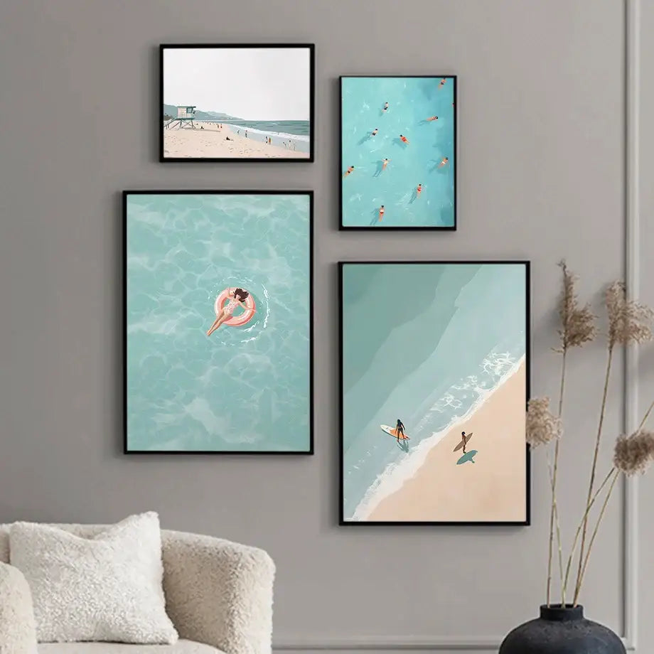 Serene beach watercolor illustration set of 7 framed bedroom art prints