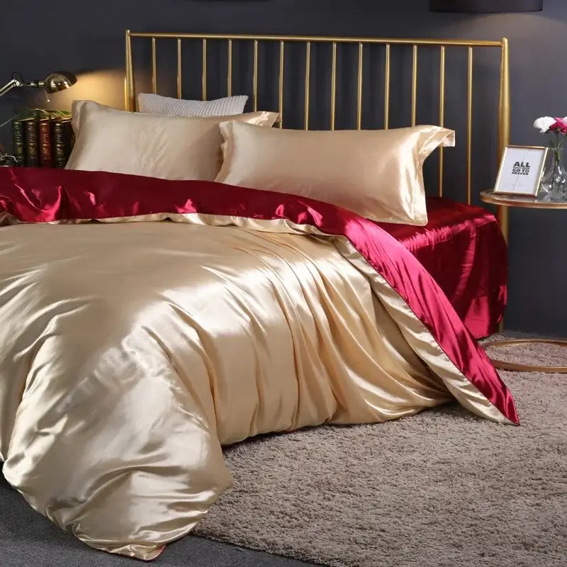 Luxury crimson satin silk duvet cover set bedroom bedding