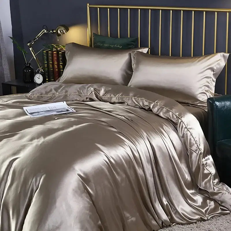 Luxury chocolate brown satin duvet cover bed sheet set bedroom bedding
