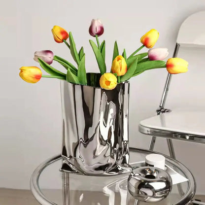 DecorBites™ Silver Ruffled Ceramic Flower Vase