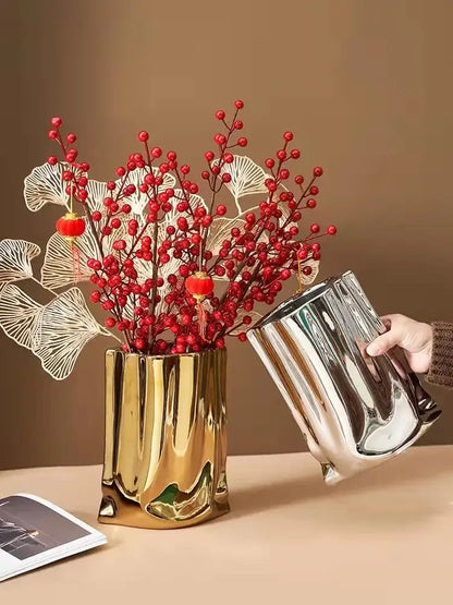 Modern silver ruffled ceramic flower vase living room decor