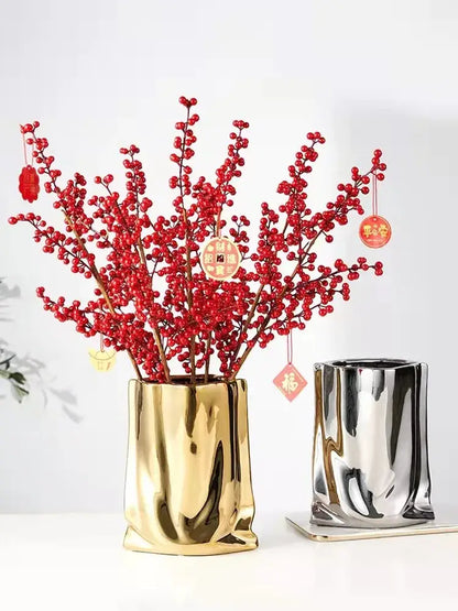Modern silver ruffled ceramic flower vase living room decor