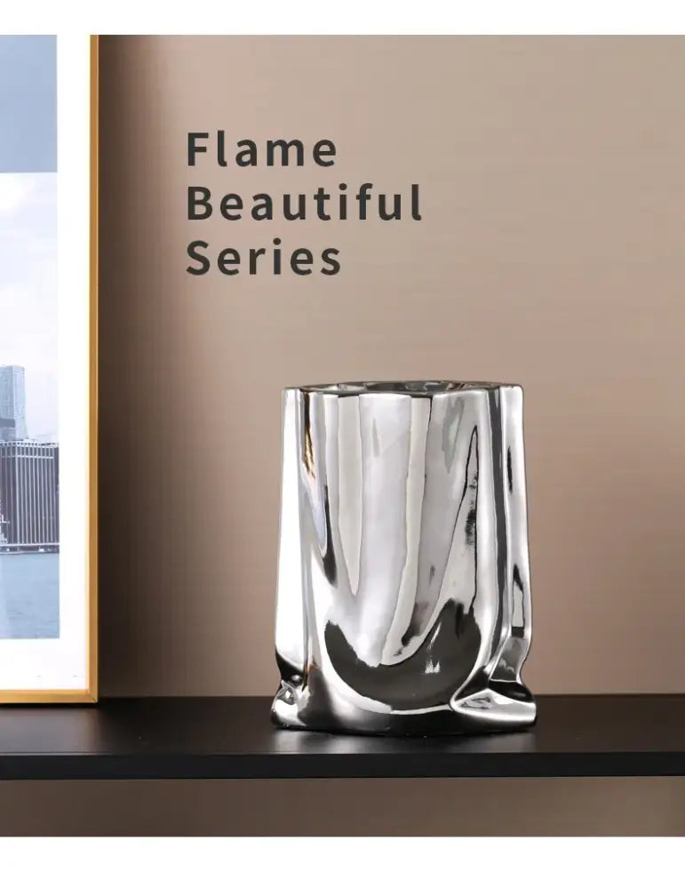 Modern silver ruffled ceramic flower vase living room decor