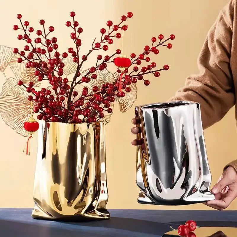 Modern silver ruffled ceramic flower vase living room decor