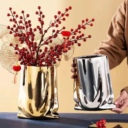 Modern silver ruffled ceramic flower vase living room decor