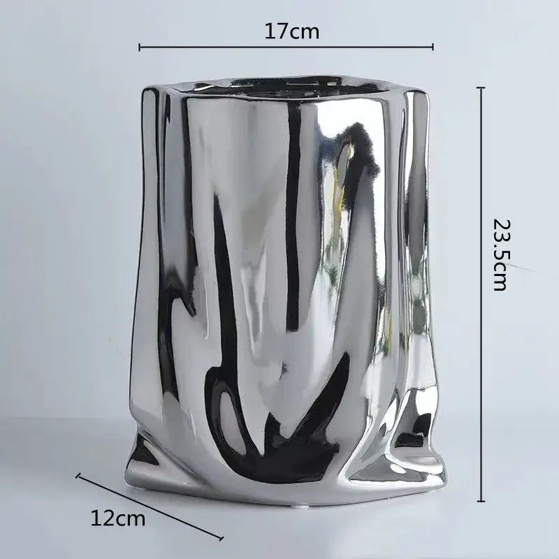 Modern silver ruffled ceramic flower vase living room decor