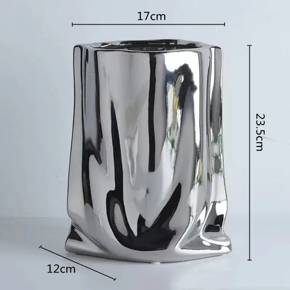 Modern silver ruffled ceramic flower vase living room decor