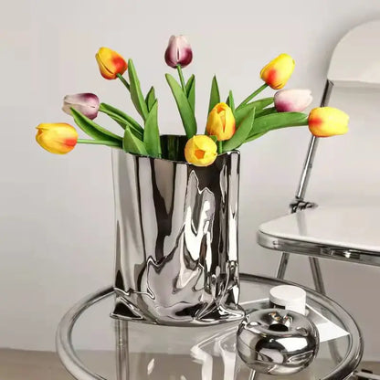 Modern silver ruffled ceramic flower vase living room decor
