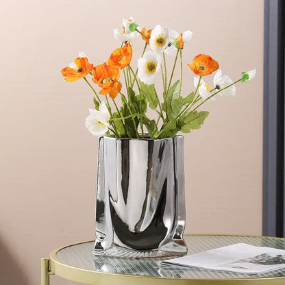 Modern silver ruffled ceramic flower vase living room decor
