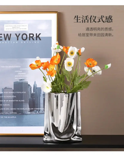 Modern silver ruffled ceramic flower vase living room decor