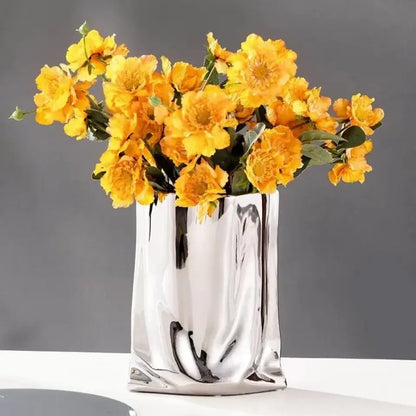 Modern silver ruffled ceramic flower vase living room decor
