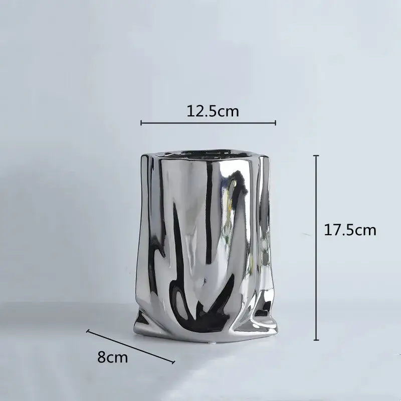 Modern silver ruffled ceramic flower vase living room decor