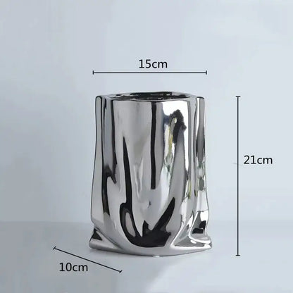 Modern silver ruffled ceramic flower vase living room decor