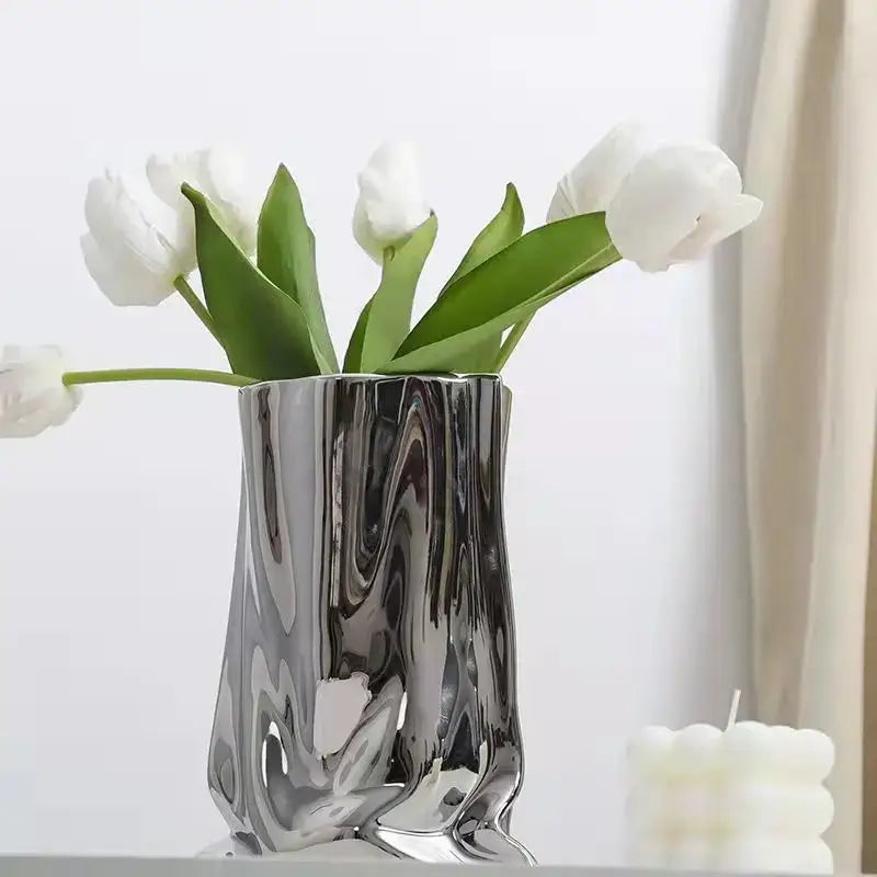 Modern silver ruffled ceramic flower vase living room decor