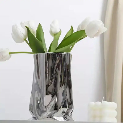 Modern silver ruffled ceramic flower vase living room decor